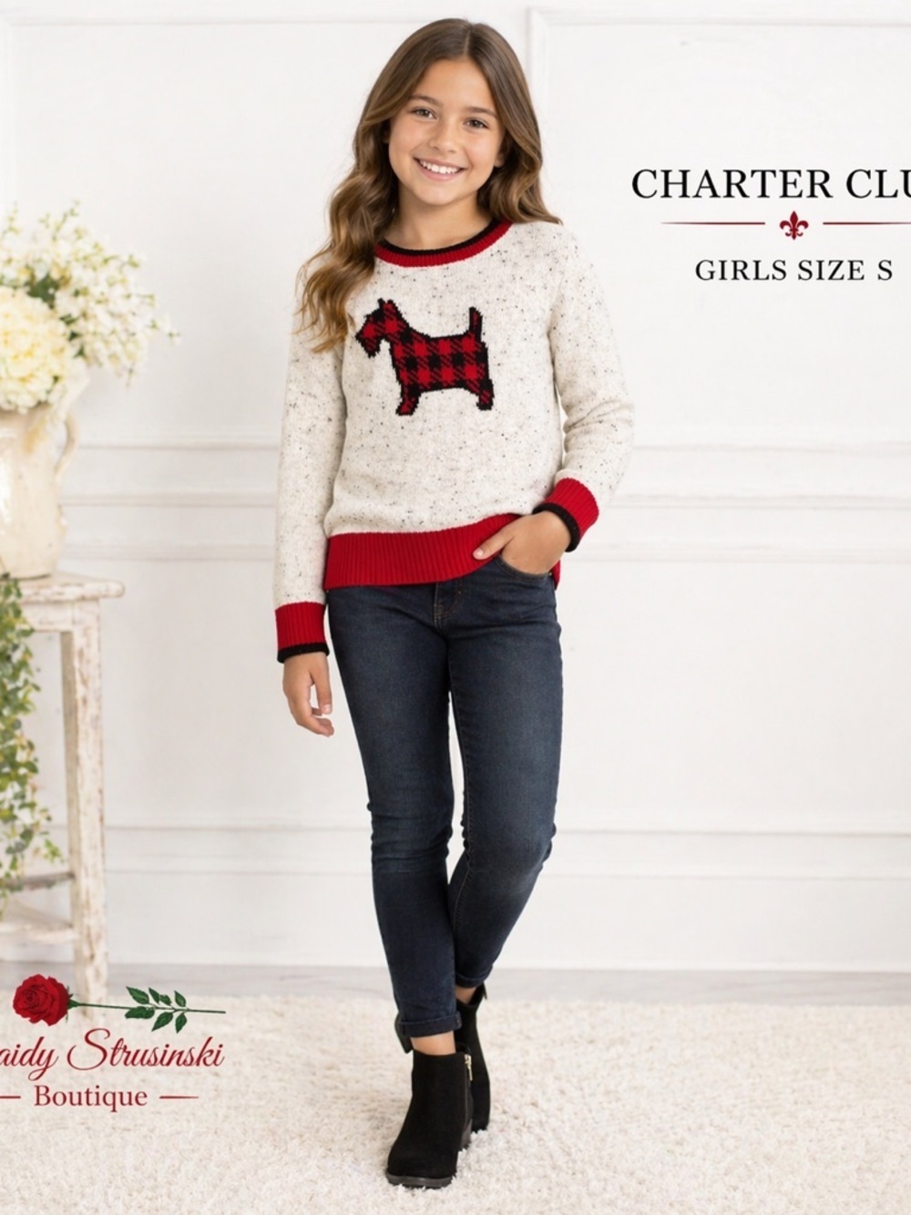 Charter Club Girls Scottie Dog Sweater Buffalo Plaid Size S
